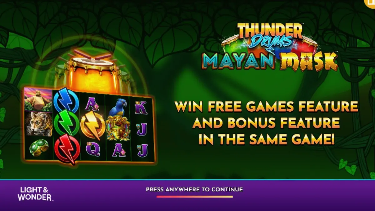 Pemandangan kuil kuno Maya yang penuh dengan simbol emas dan topeng mistis dalam slot Thunder Drums Mayan Mask.